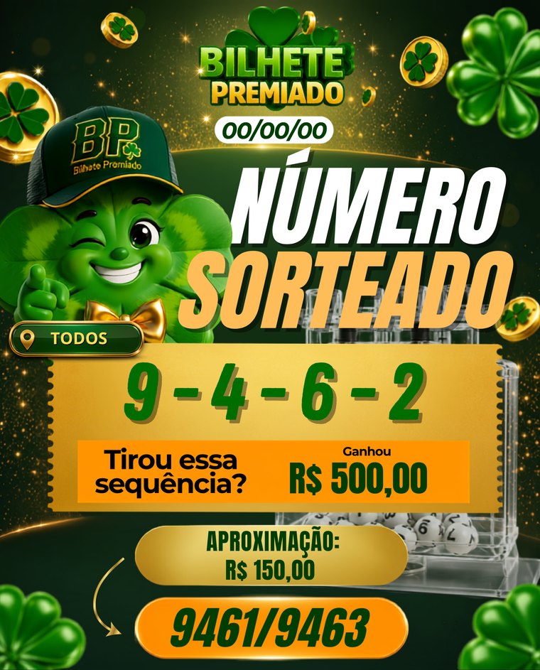 Exemplo de sorteio: números sorteados 9, 4, 6 e 2. Quem tirou essa sequência ganha R$ 500,00.
